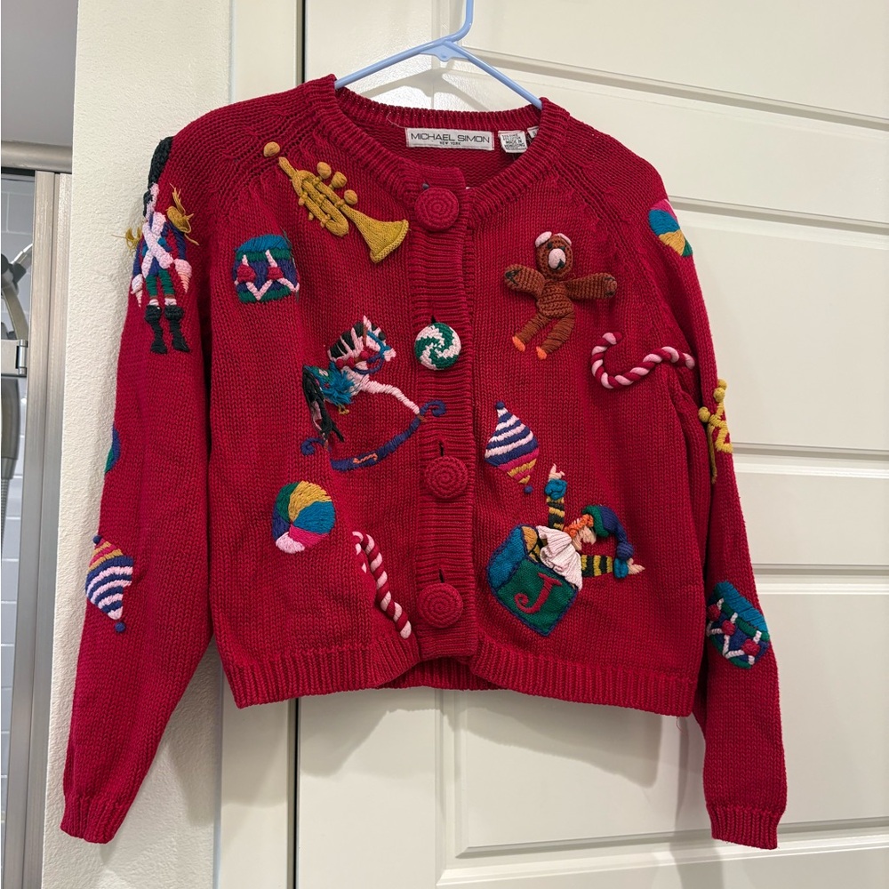 Vintage Christmas Holiday Cardigan Michael Simon Toy Red One Size